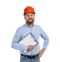 Photo of Engineer in hard hat with clipboard on white background