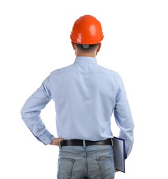 Photo of Engineer in hard hat with clipboard on white background, back view