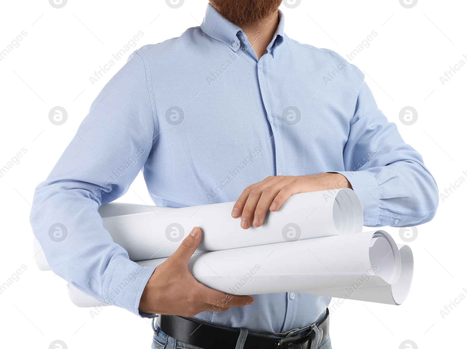 Photo of Engineer with drafts on white background, closeup