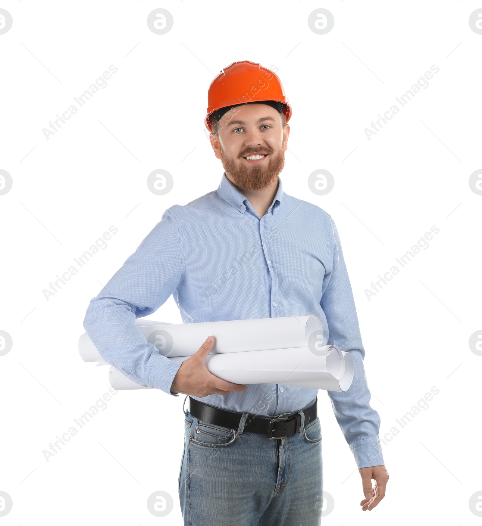 Photo of Engineer in hard hat with drafts on white background