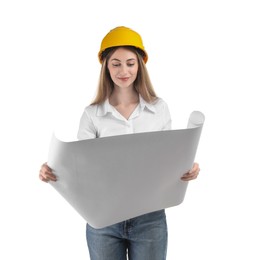 Photo of Engineer in hard hat with draft on white background