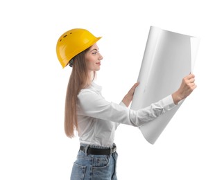 Photo of Engineer in hard hat with draft on white background