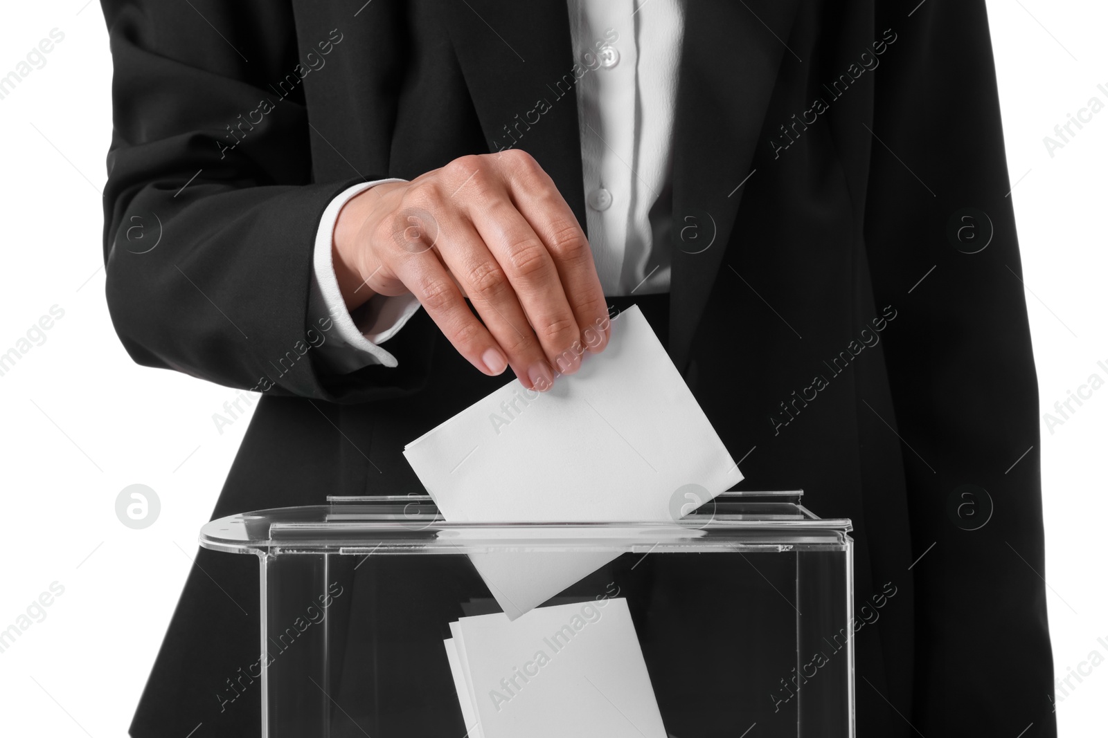 Photo of Woman putting her vote into ballot box against white background, closeup