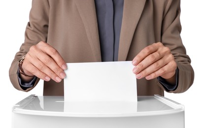 Photo of Woman putting her vote into ballot box against white background, closeup