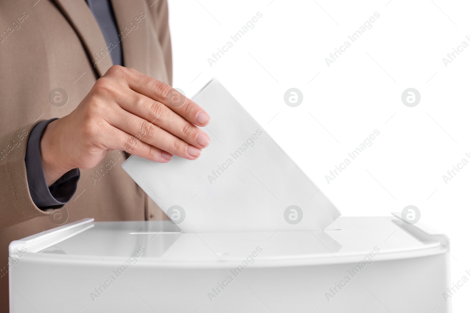 Photo of Woman putting her vote into ballot box against white background, closeup