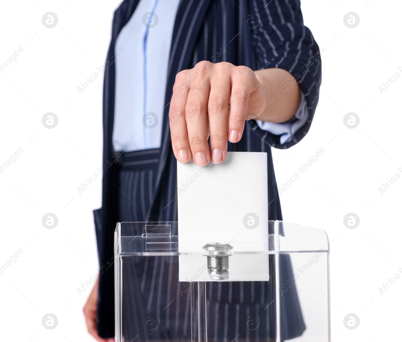 Photo of Woman putting her vote into ballot box against white background, closeup