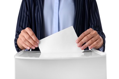 Photo of Woman putting her vote into ballot box against white background, closeup