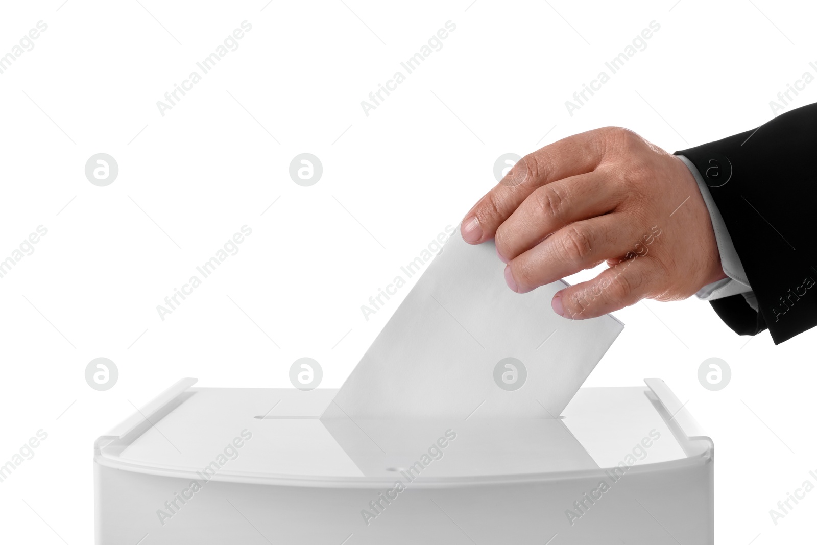 Photo of Man putting his vote into ballot box against white background, closeup