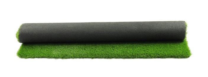 Photo of Roll of green artificial grass isolated on white