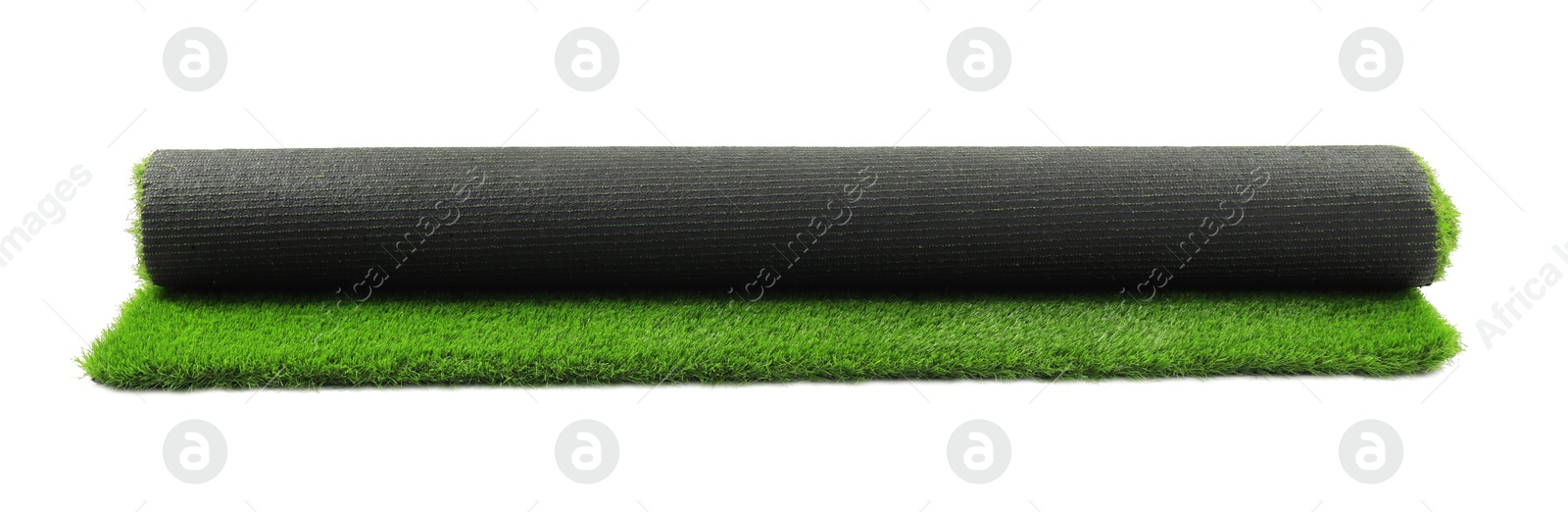 Photo of Roll of green artificial grass isolated on white