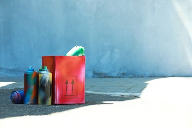 Photo of Many spray paint cans and red cardboard box outdoors, space for text