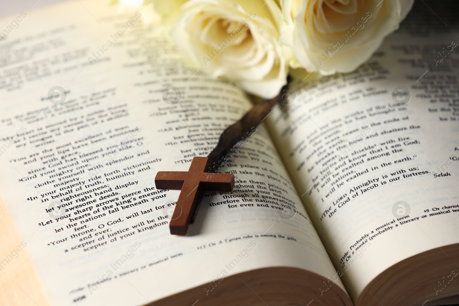 Photo of Bible, cross and roses, closeup. Religion of Christianity