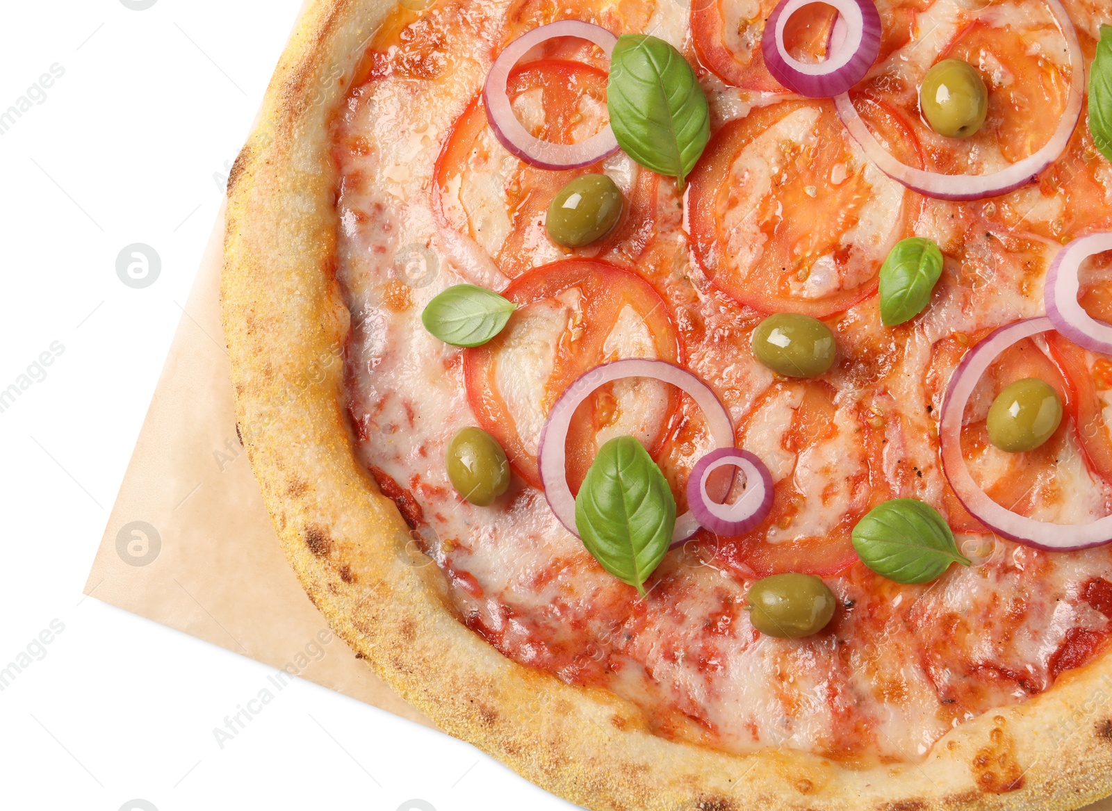 Photo of Delicious vegetarian pizza isolated on white, top view