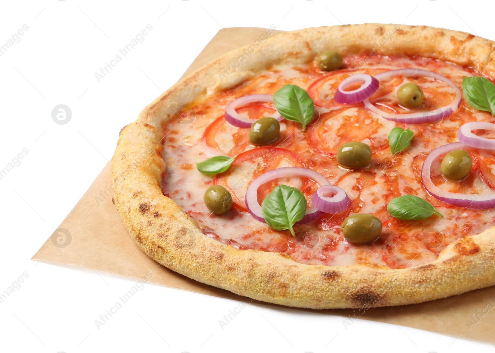 Photo of Delicious vegetarian pizza with fresh basil isolated on white