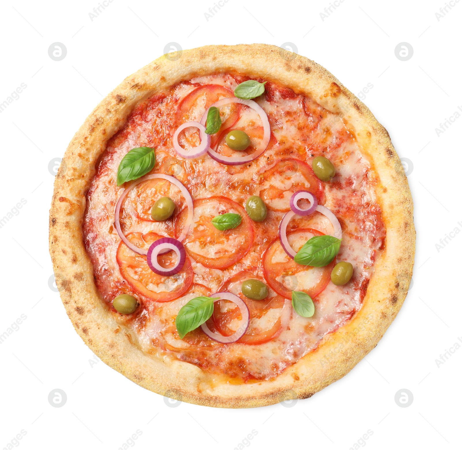 Photo of Delicious vegetarian pizza isolated on white, top view