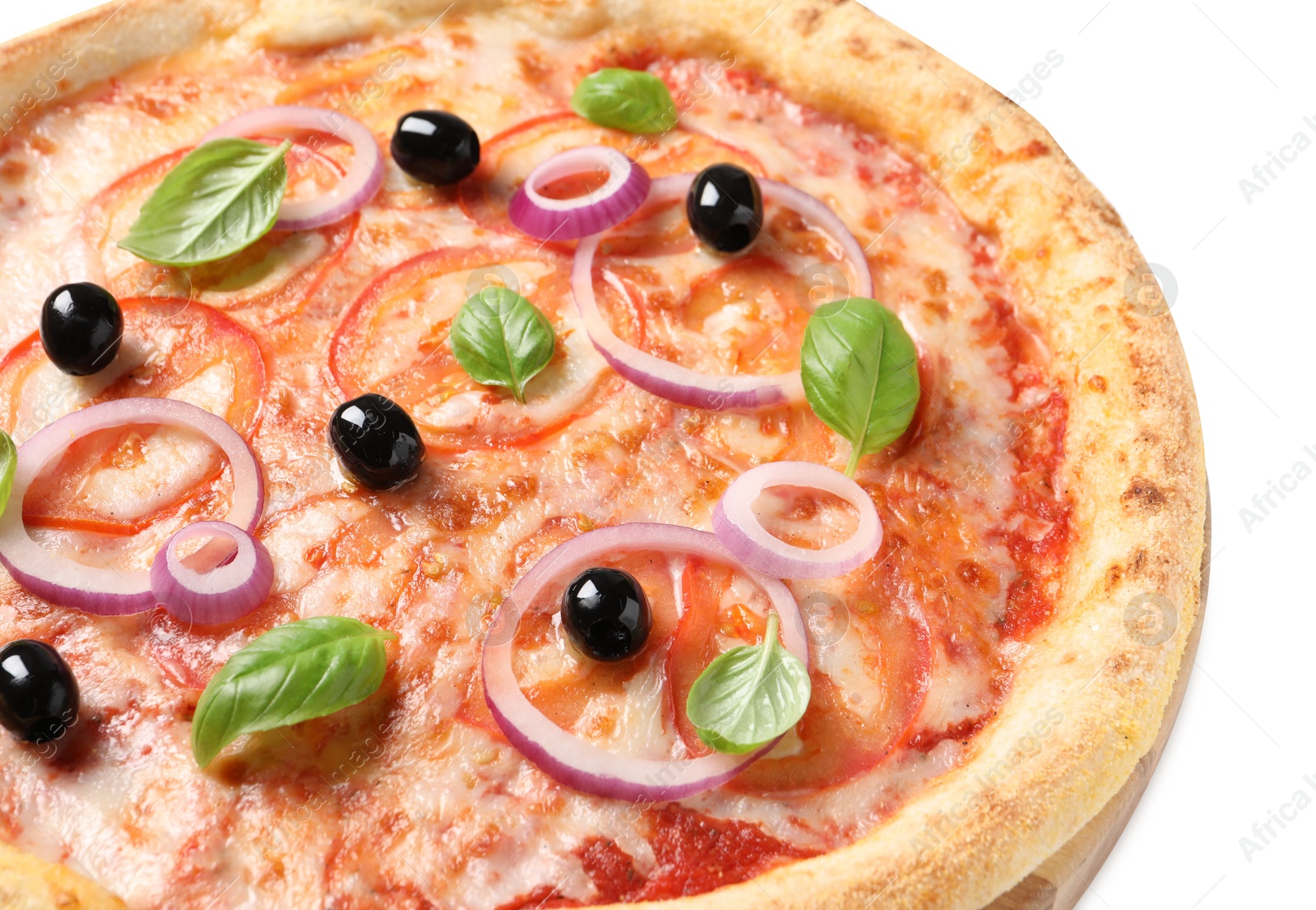 Photo of Delicious vegetarian pizza with fresh basil isolated on white