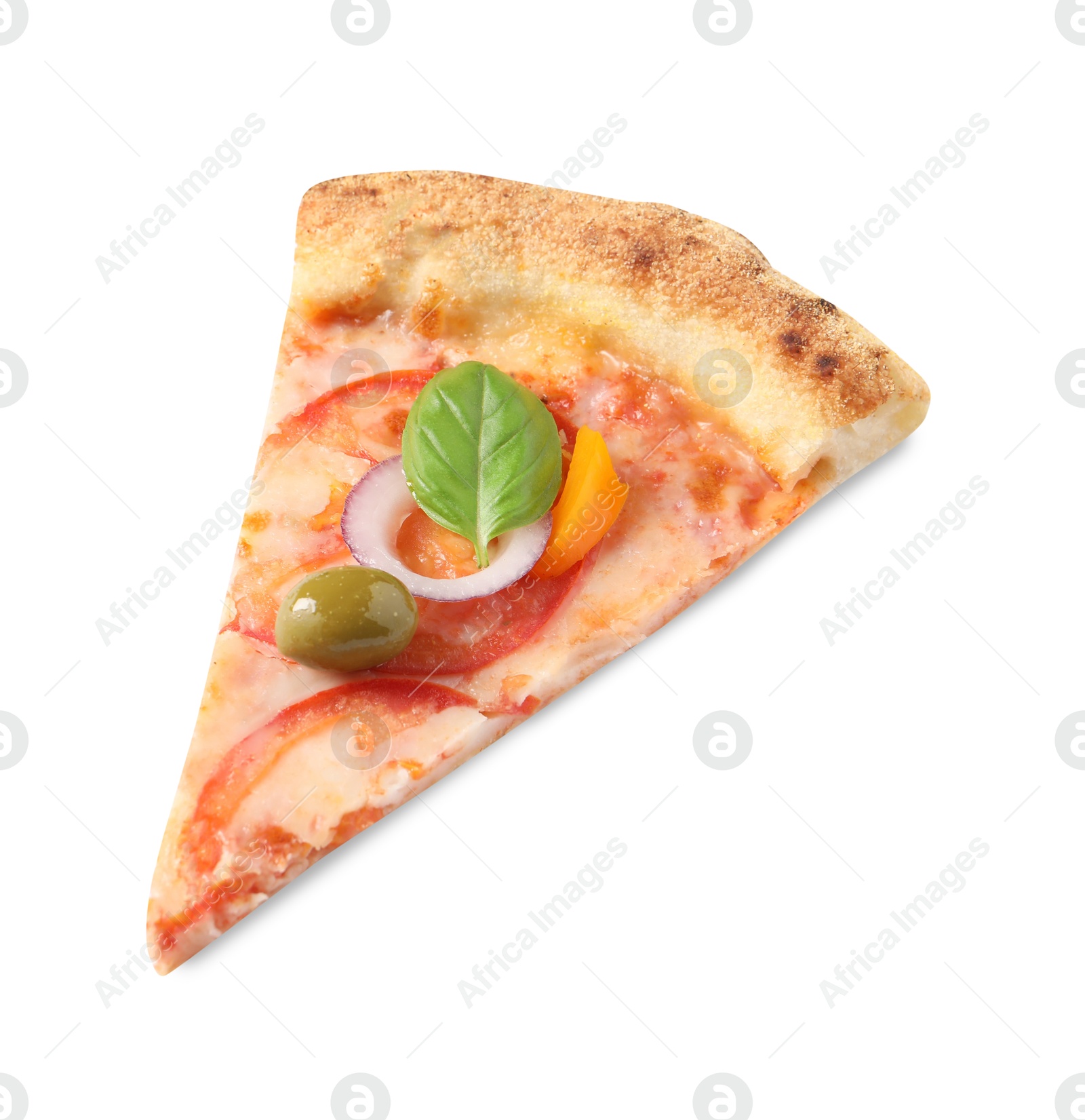 Photo of Slice of delicious vegetarian pizza isolated on white