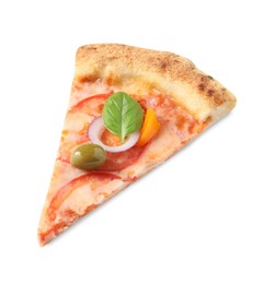 Photo of Slice of delicious vegetarian pizza isolated on white