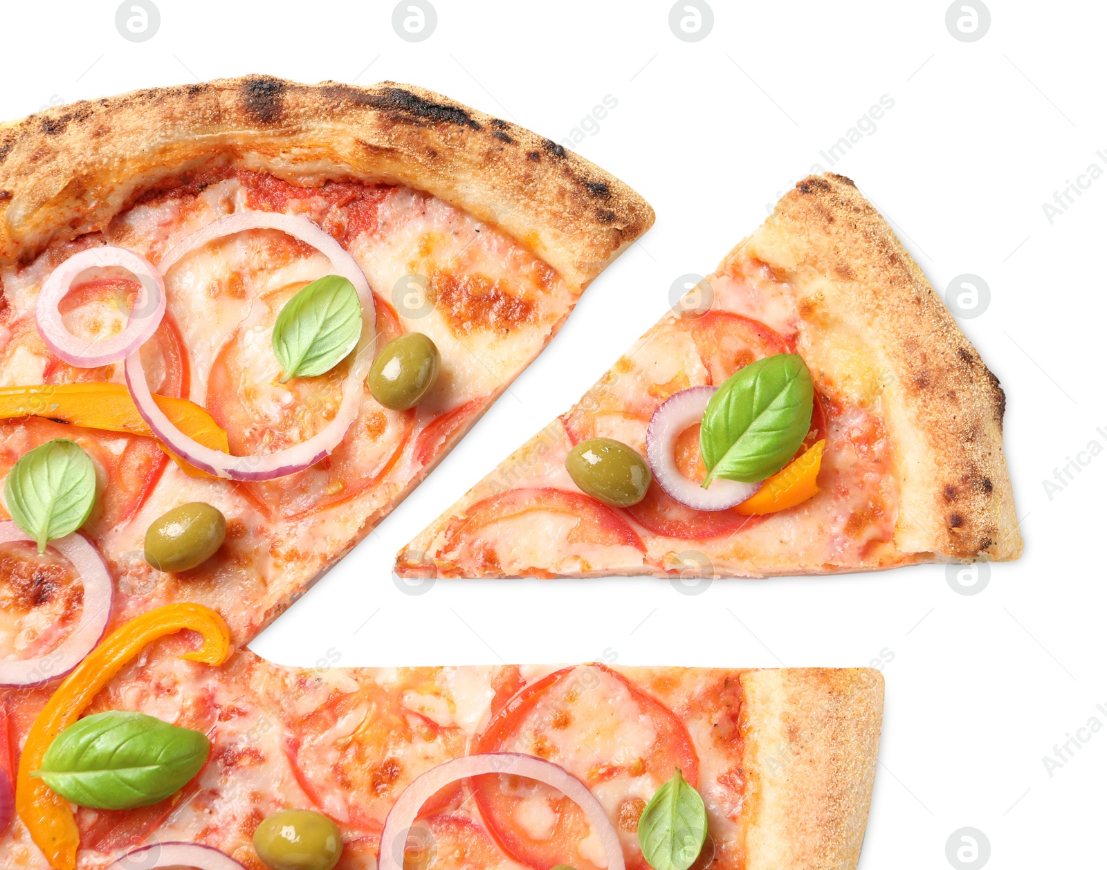 Photo of Cut delicious vegetarian pizza isolated on white, top view