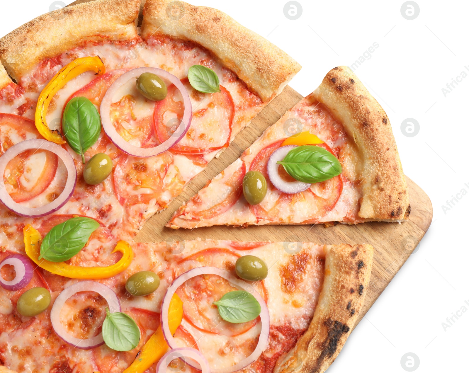 Photo of Cut delicious vegetarian pizza isolated on white, top view