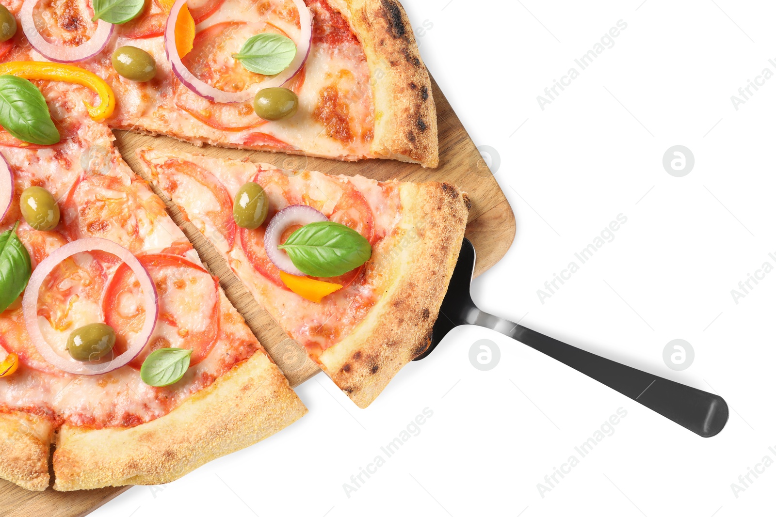 Photo of Cut delicious vegetarian pizza isolated on white, top view