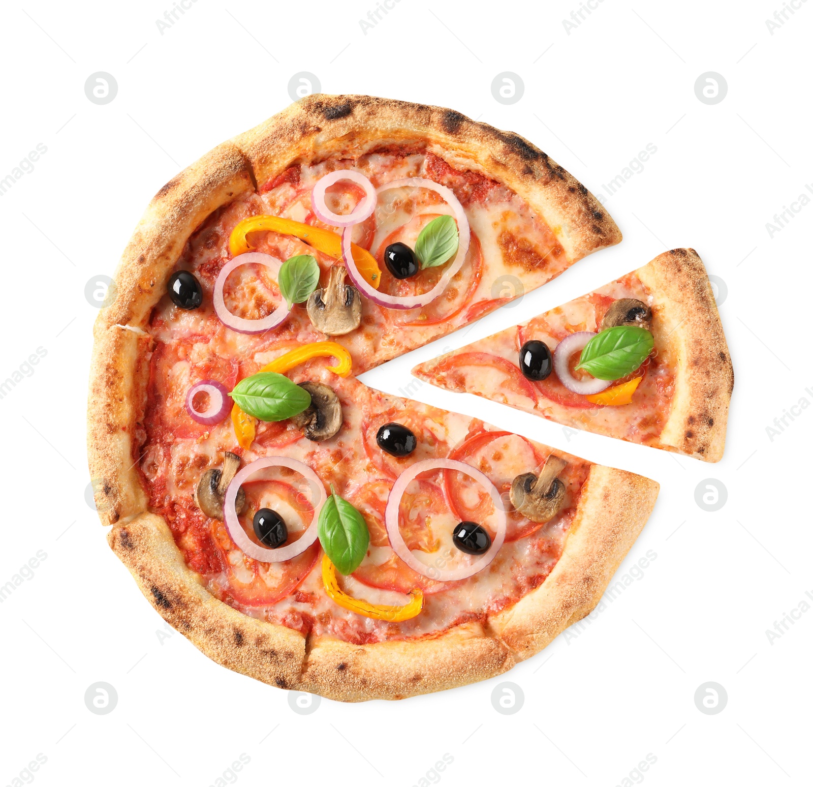 Photo of Cut delicious vegetarian pizza isolated on white, top view