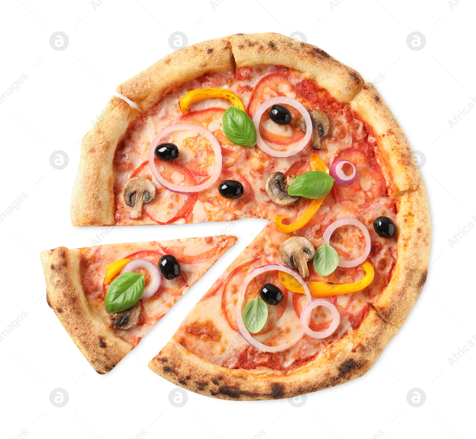 Photo of Cut delicious vegetarian pizza isolated on white, top view