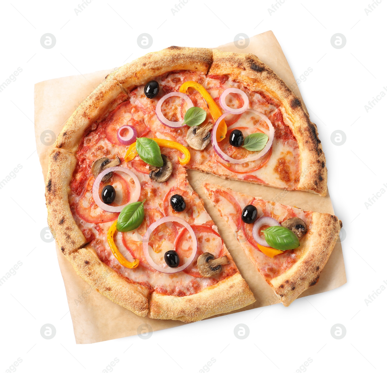 Photo of Cut delicious vegetarian pizza isolated on white, top view