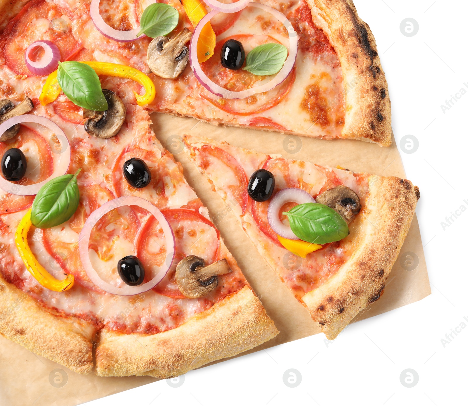 Photo of Cut delicious vegetarian pizza isolated on white, top view