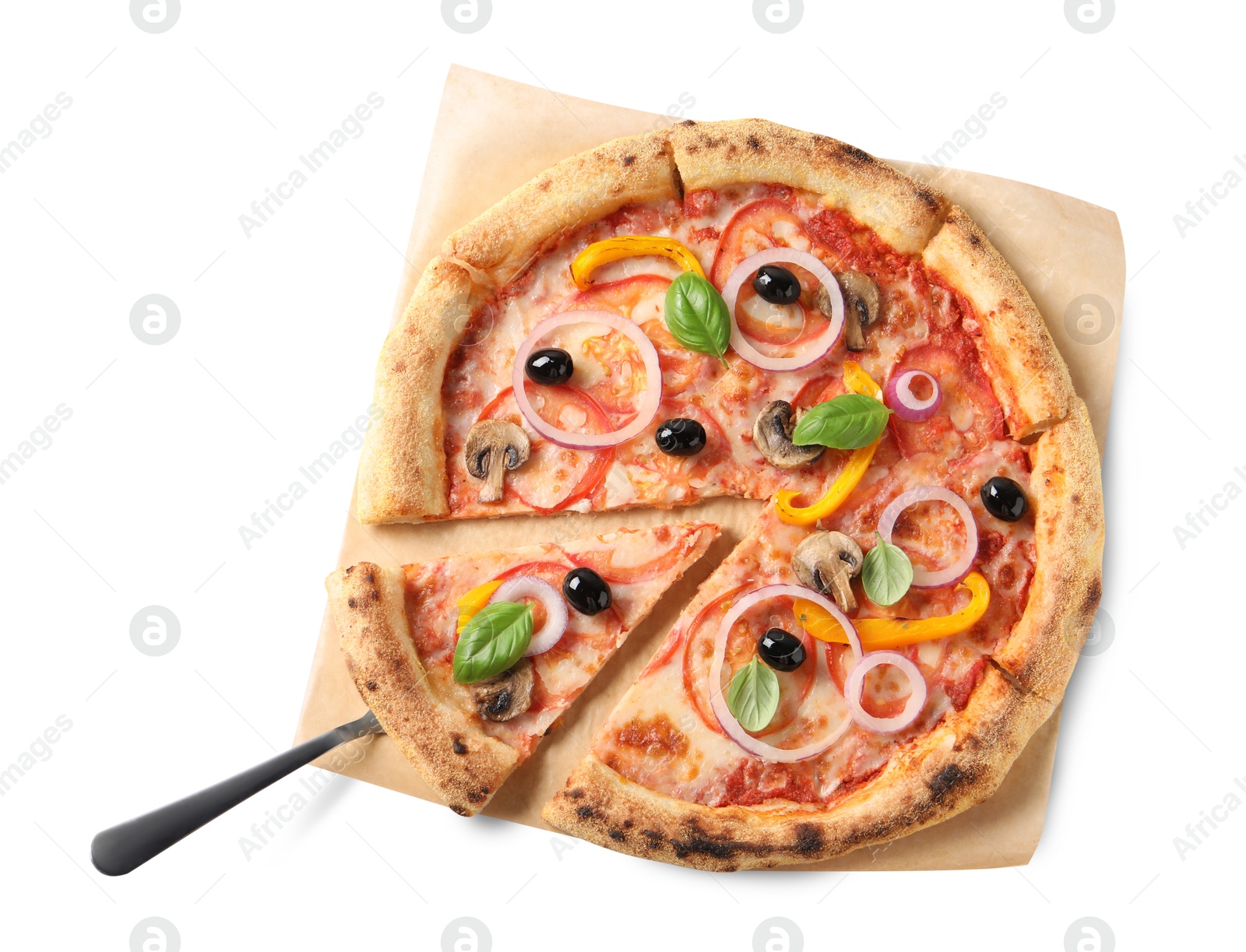 Photo of Cut delicious vegetarian pizza isolated on white, top view