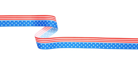 Photo of Ribbon with American flag pattern isolated on white, top view