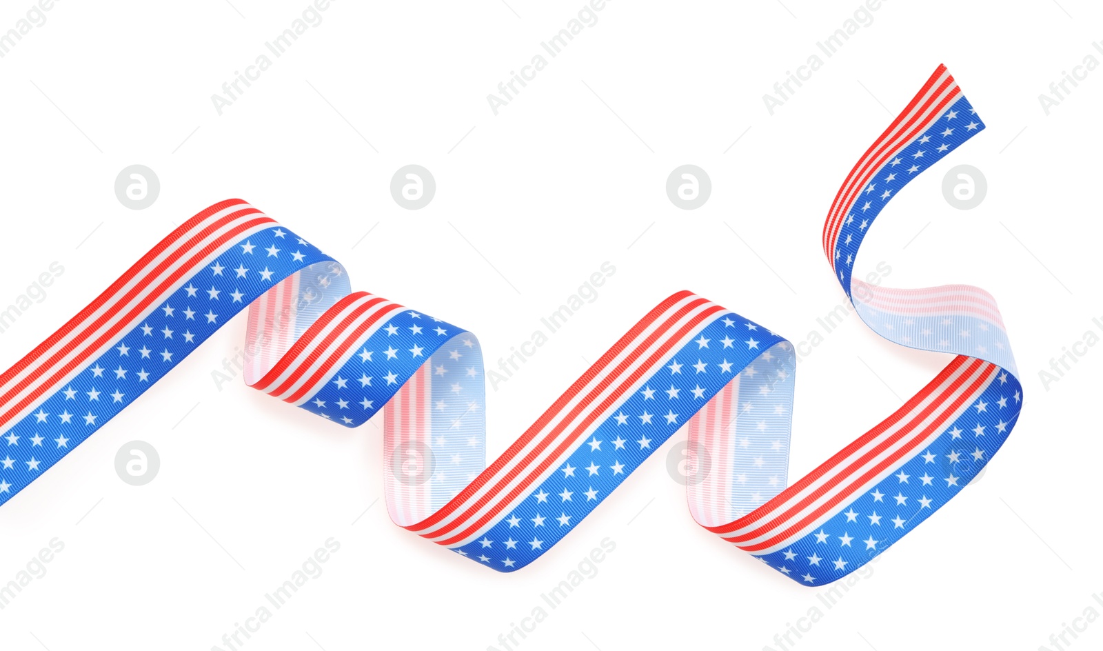 Photo of Ribbon with American flag pattern isolated on white, top view