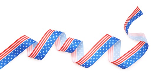 Photo of Ribbon with American flag pattern isolated on white, top view