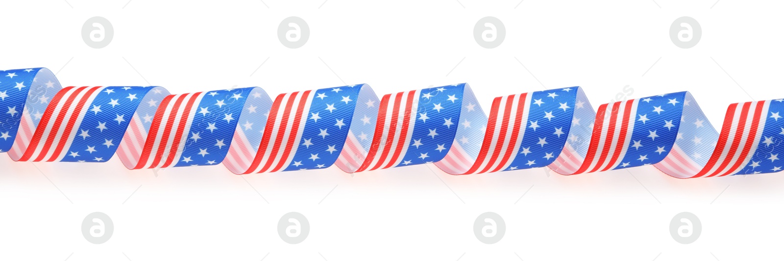 Photo of Ribbon with American flag pattern isolated on white, top view