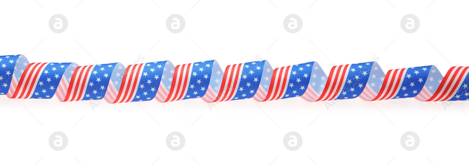 Photo of Ribbon with American flag pattern isolated on white, top view