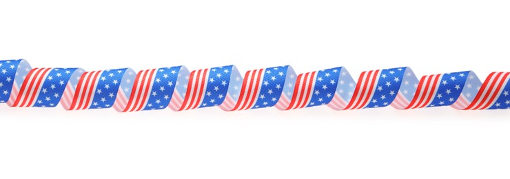 Photo of Ribbon with American flag pattern isolated on white, top view