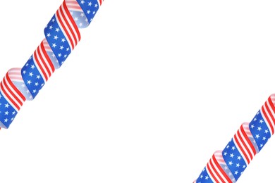 Photo of Ribbons with American flag pattern isolated on white, top view