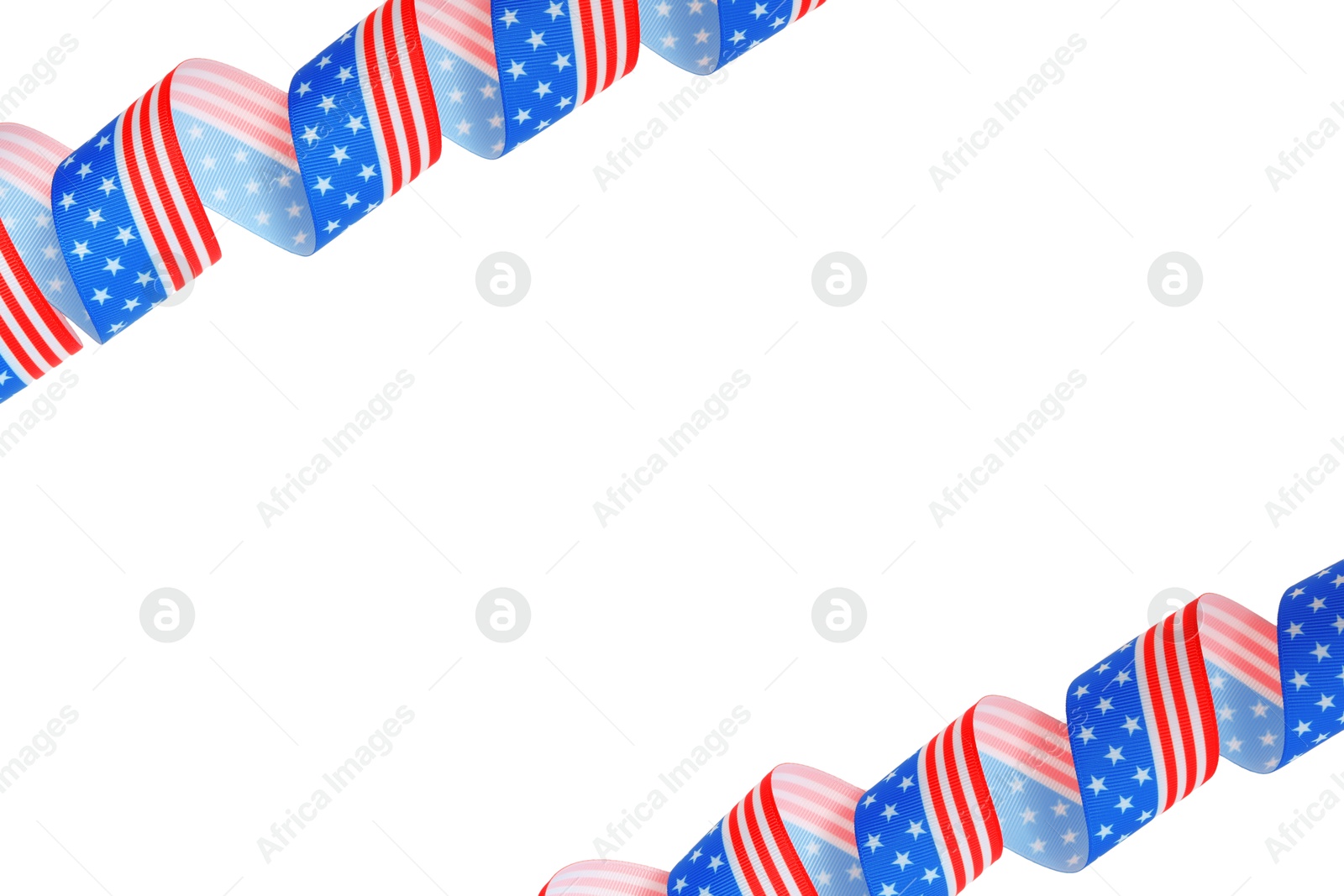 Photo of Ribbons with American flag pattern isolated on white, top view