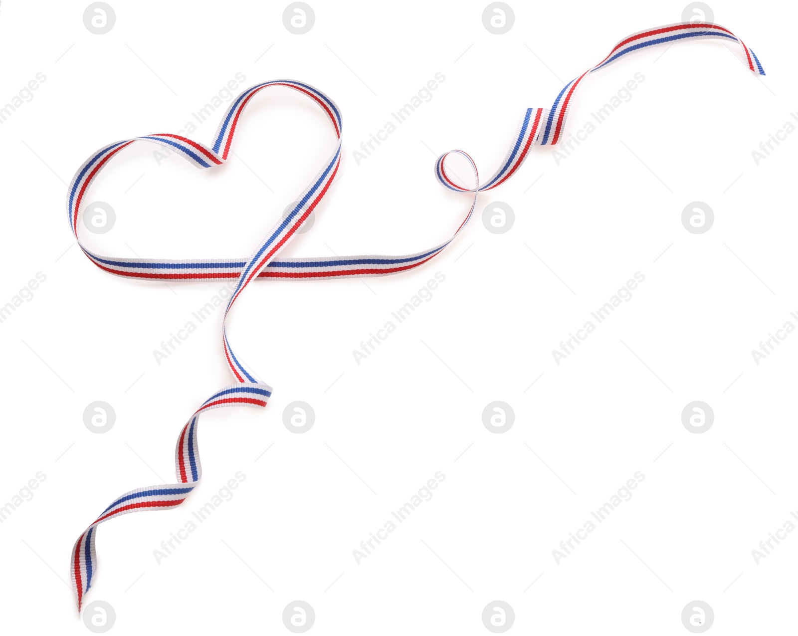 Photo of Heart made with ribbon in colors of Netherlands flag isolated on white, top view