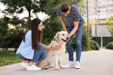 Photo of Couple with cute Golden Retriever dog outdoors