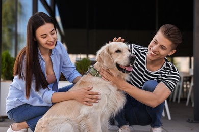 Happy couple stroking cute Golden Retriever dog outdoors