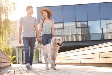 Photo of Happy couple walking with cute Golden Retriever dog outdoors on sunny day, low angle view. Space for text