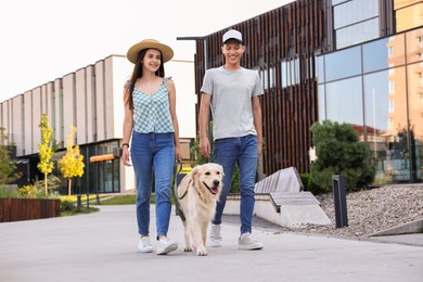 Happy couple walking with cute Golden Retriever dog outdoors