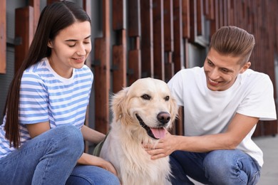 Photo of Happy couple with cute Golden Retriever dog outdoors