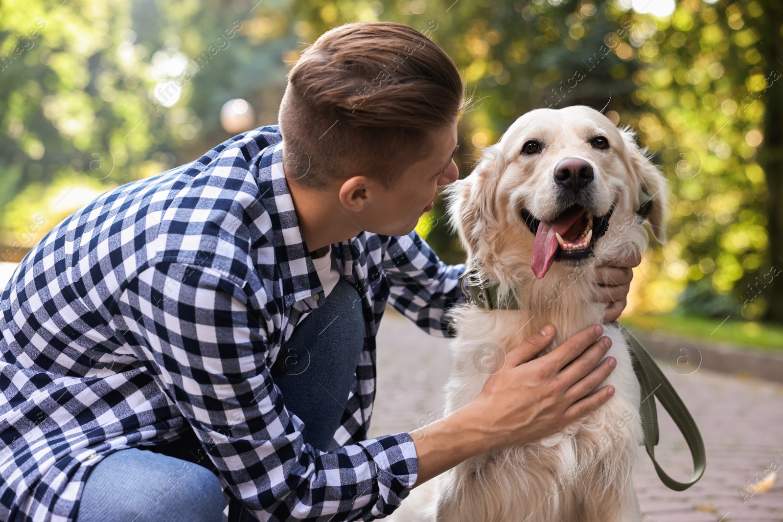 Photo of Owner with cute Golden Retriever dog outdoors