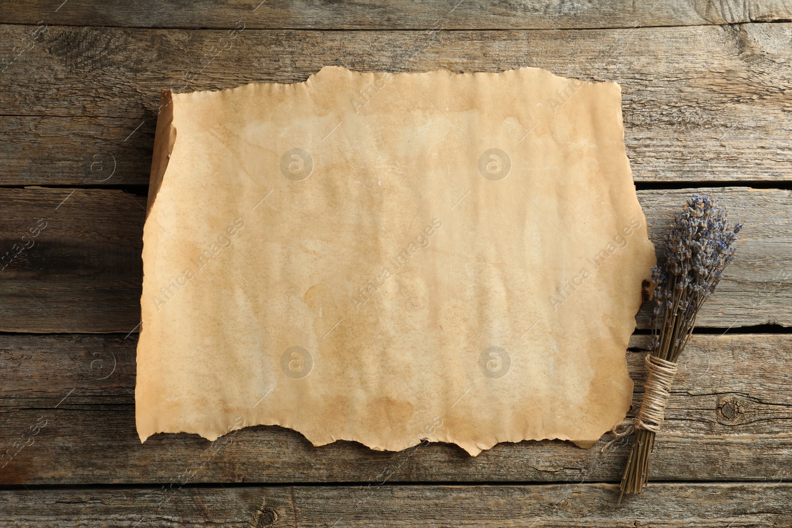 Photo of Sheet of old parchment paper and lavender flowers on wooden table, top view