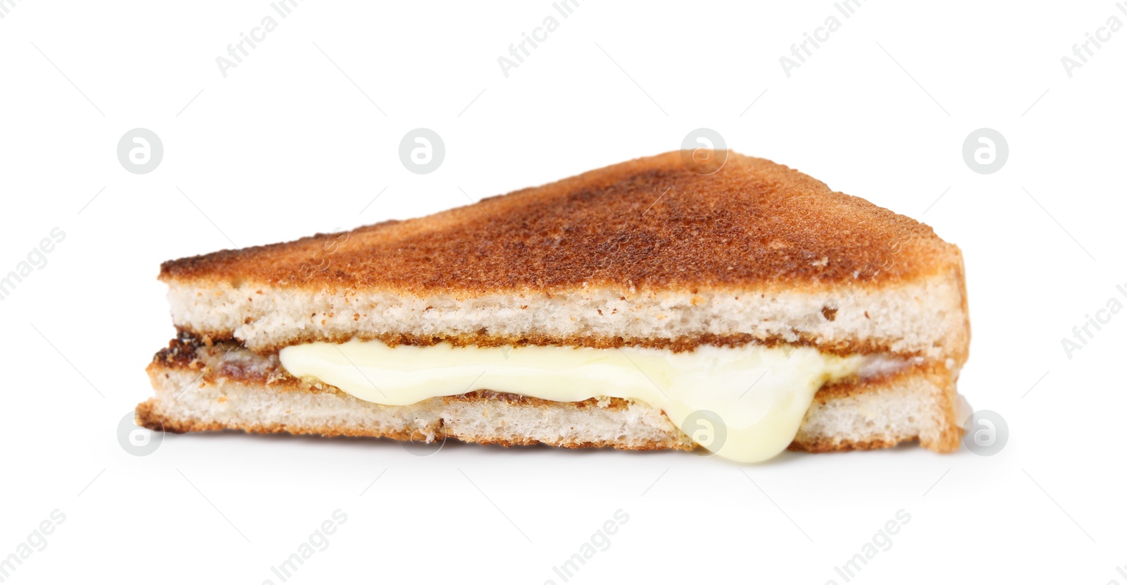 Photo of Piece of toasted bread with melted cheese isolated on white