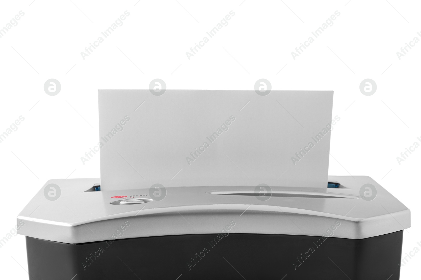 Photo of Shredder with sheet of paper isolated on white