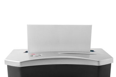 Photo of Shredder with sheet of paper isolated on white