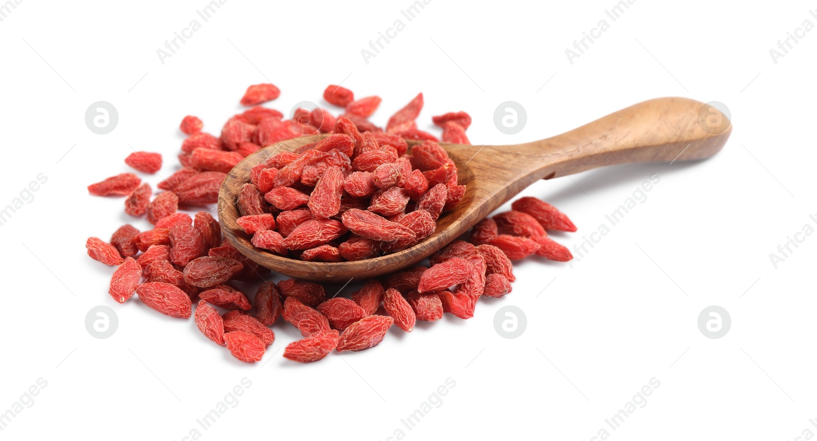 Photo of Dried goji berries and wooden spoon isolated on white